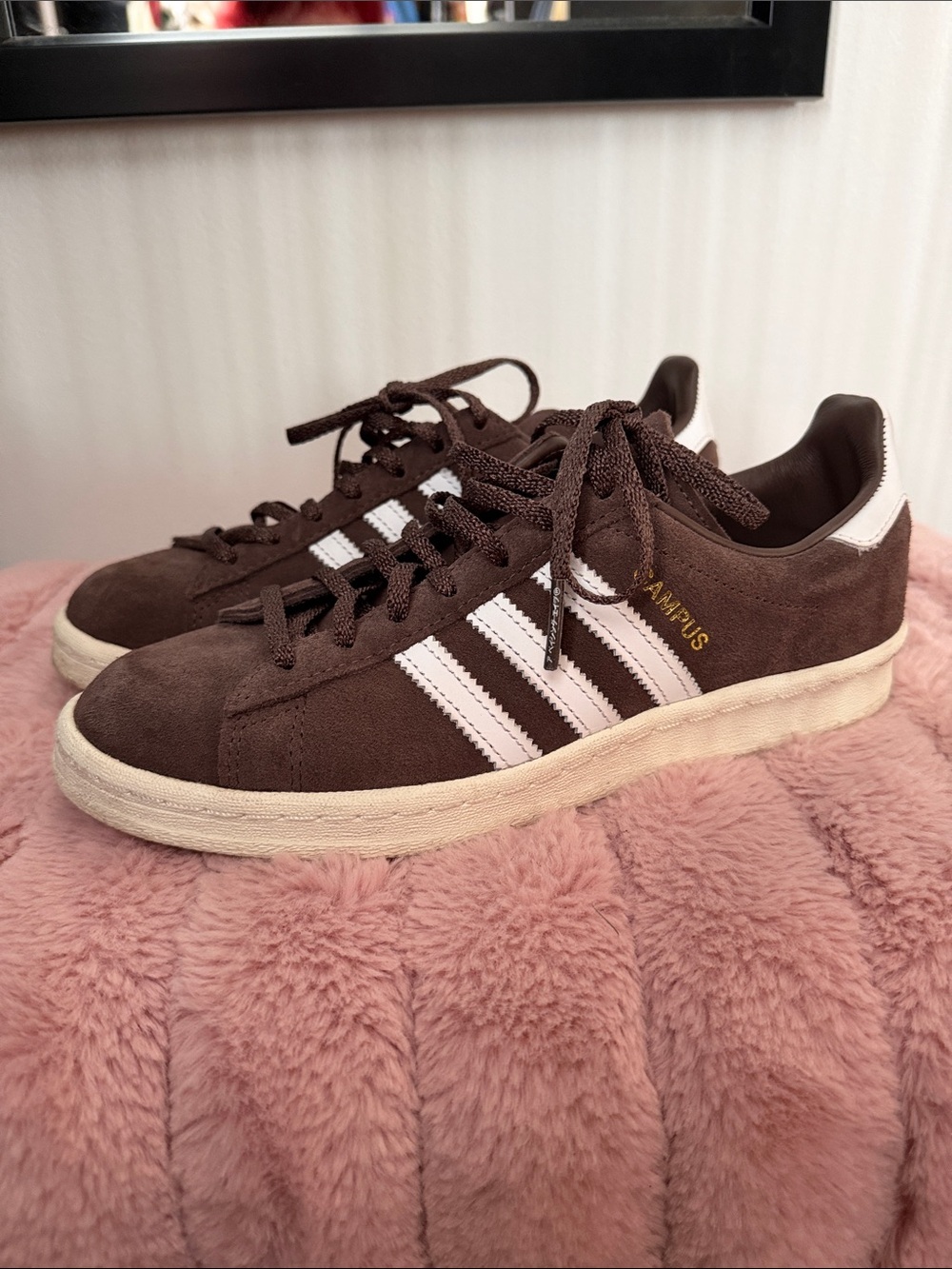 adidas brown suede sneakers with white stripes